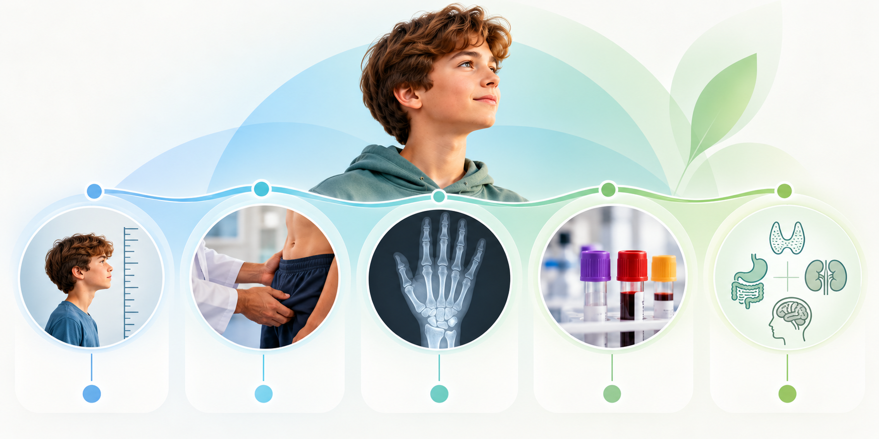 Infographic showing how delayed puberty in boys is evaluated using growth history, a puberty exam, bone age X-ray, hormone testing and targeted medical testing.