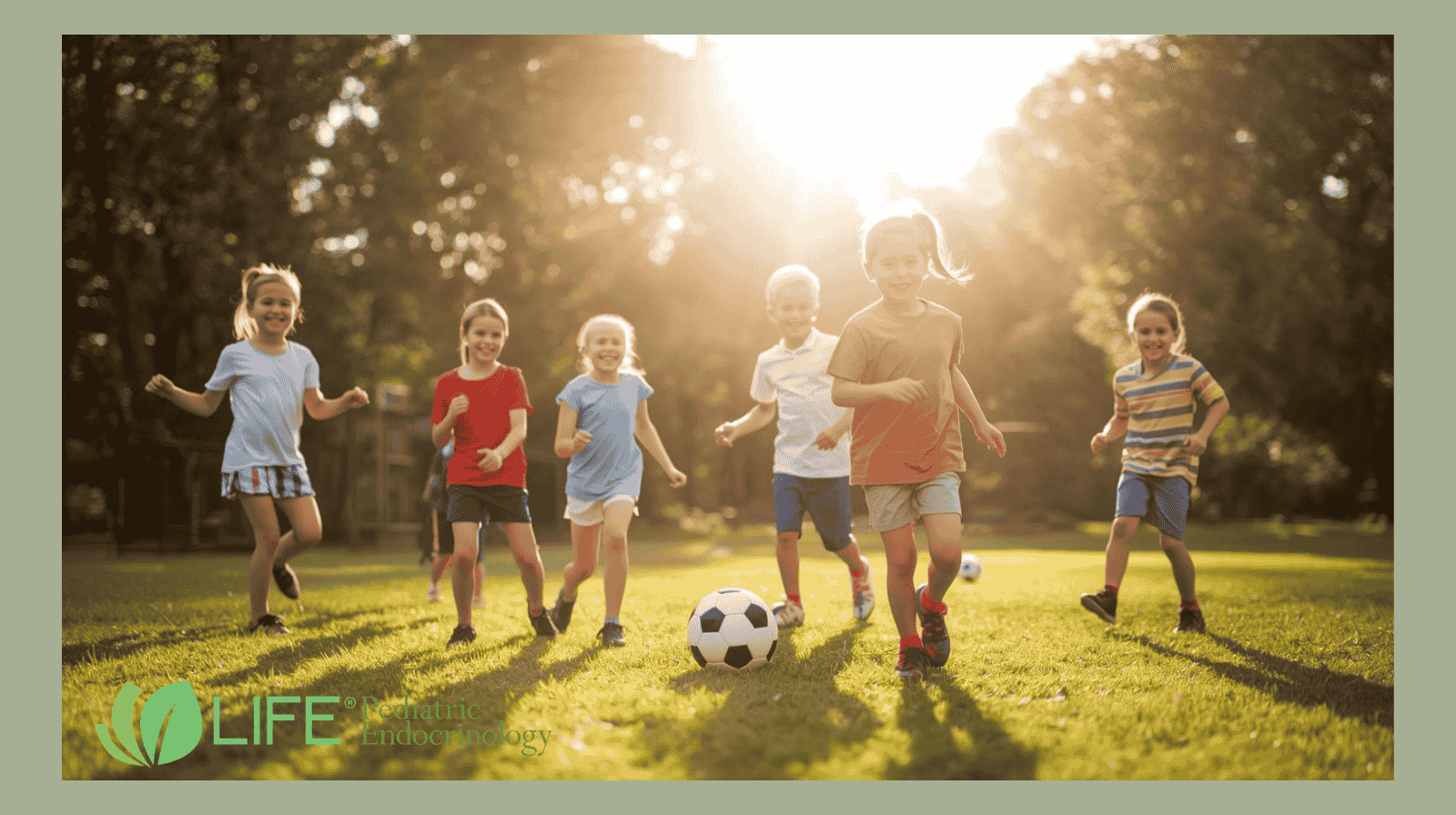 children playing soccer outdoors in sunlight to promote vitamin D for growth and bone health