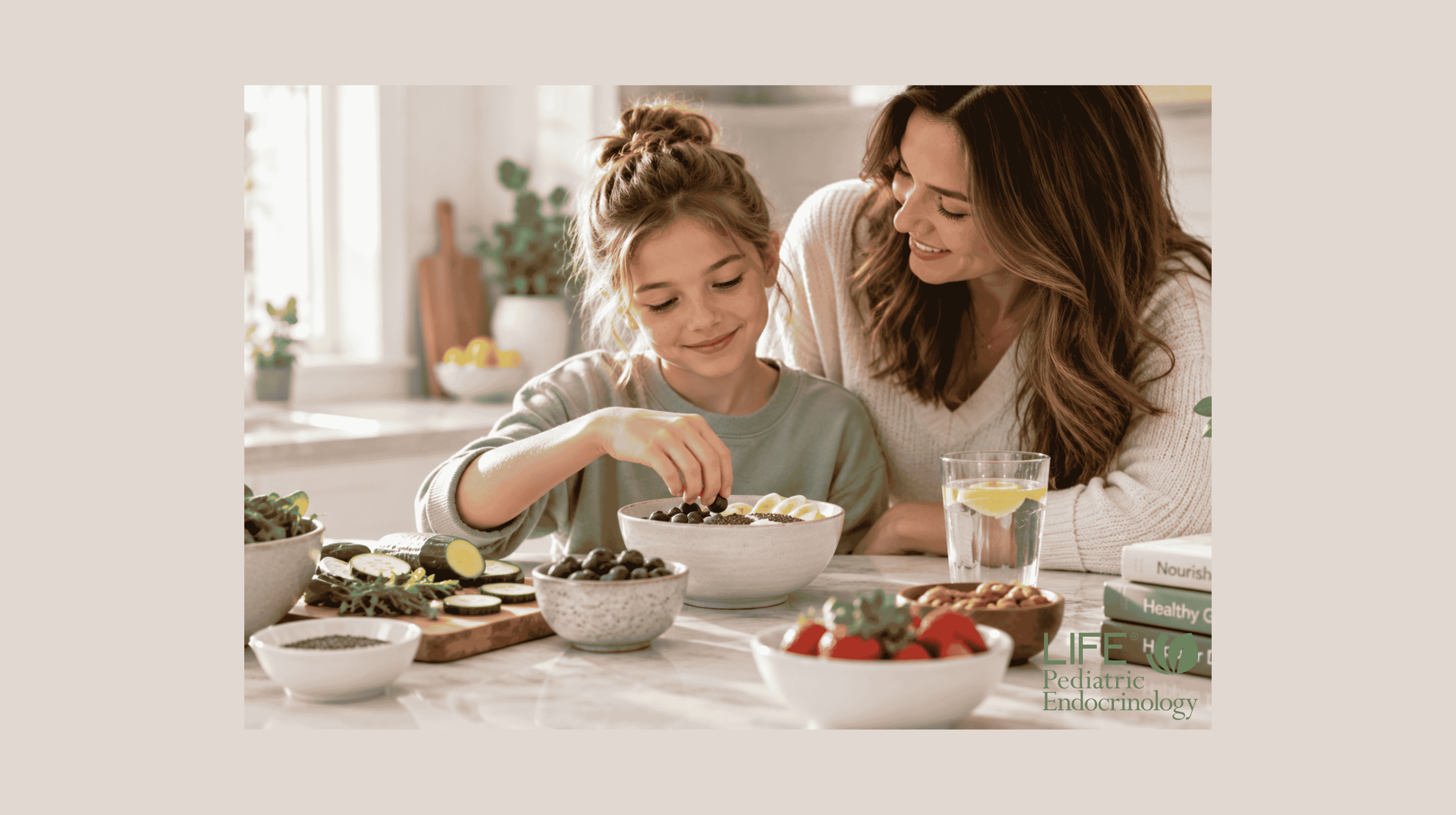 Child with MCAS preparing nutritious foods with her mother while trying a supervised low histamine diet that supports healthy growth.