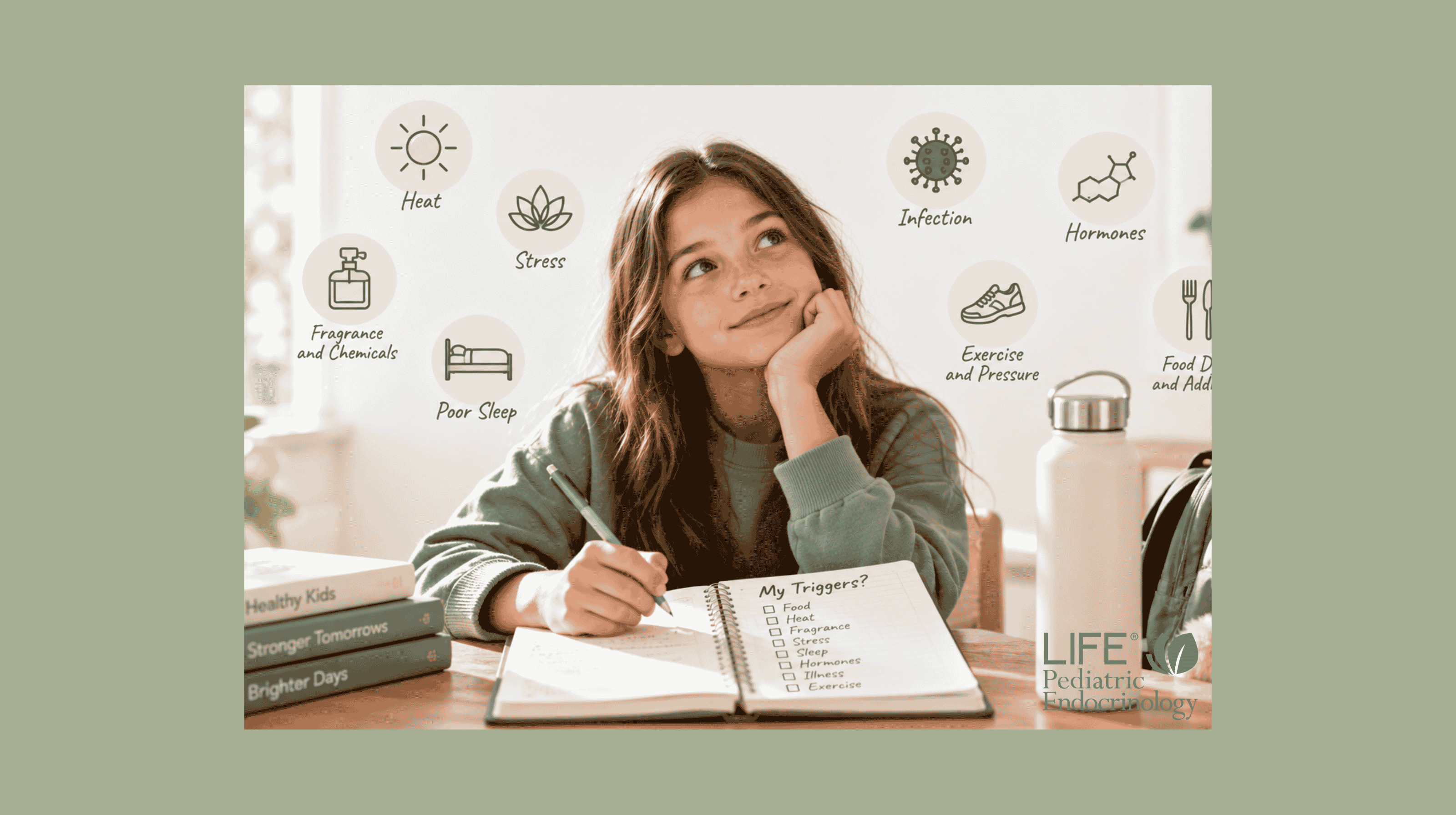 Child tracking MCAS flare triggers including heat, fragrance, stress, illness, hormones, sleep, exercise, and food additives in a symptom diary.
