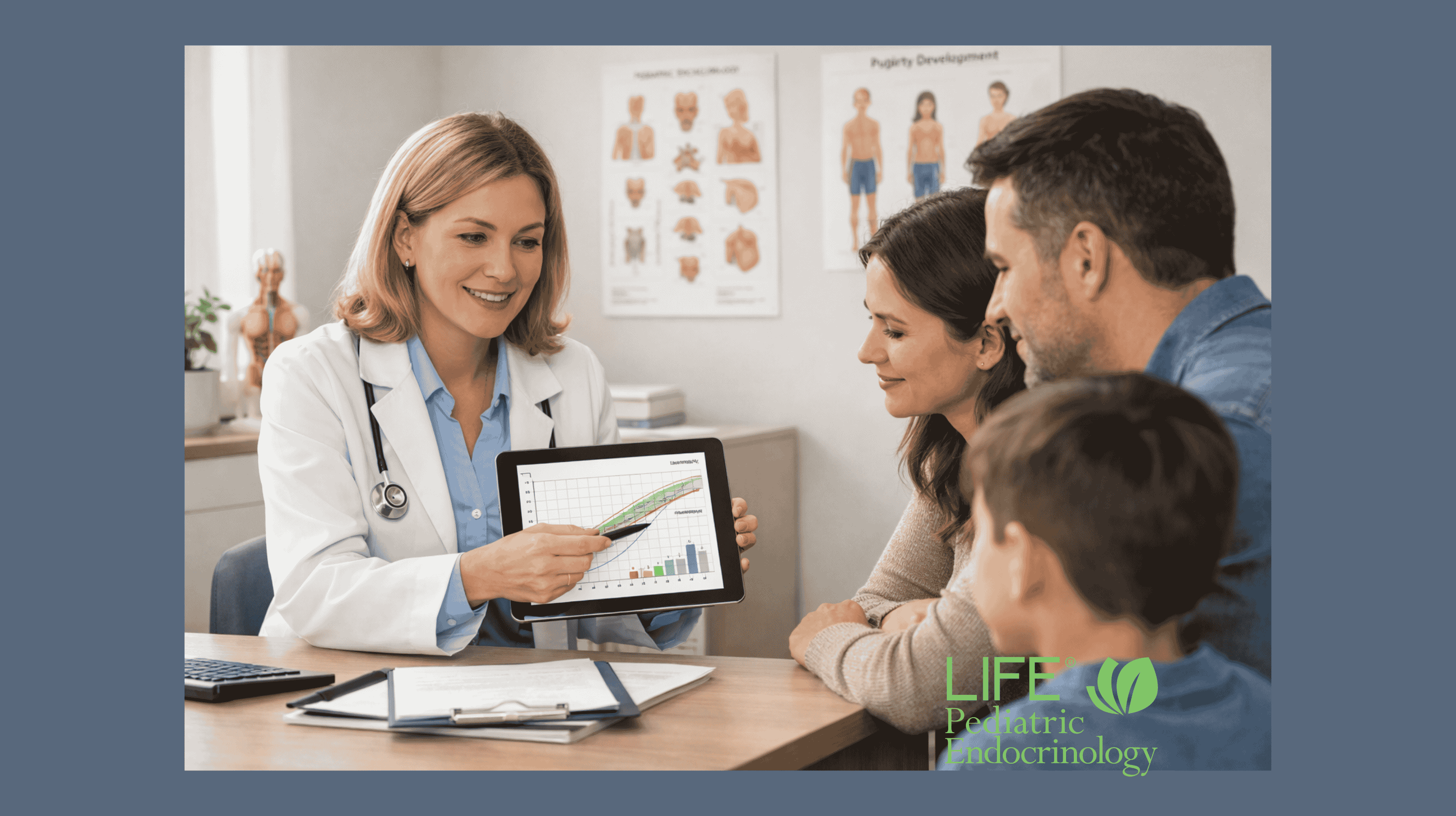 Board-certified pediatric endocrinologist reviewing a child’s growth chart and puberty development plan with parents in a modern clinic setting.