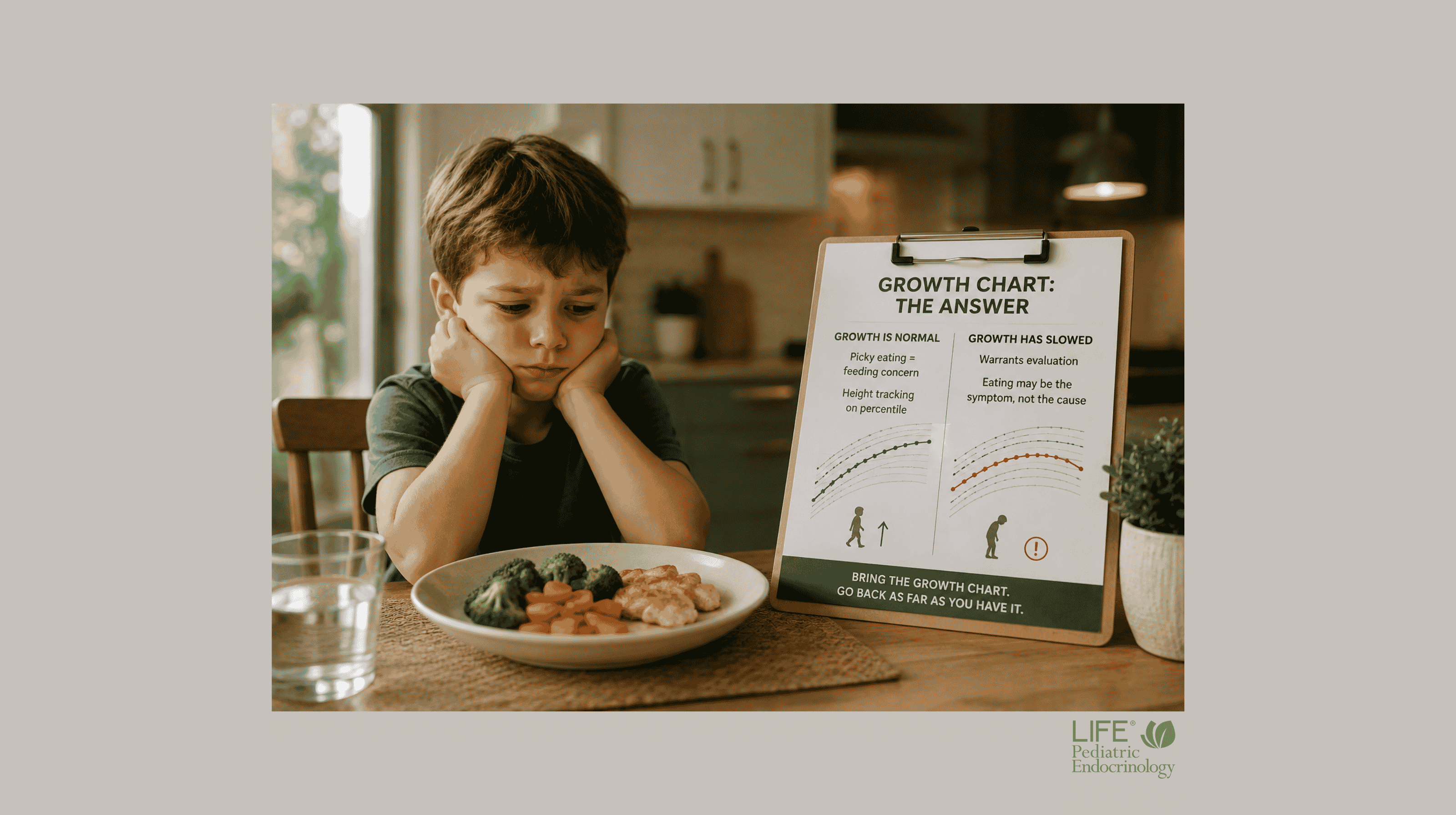 Picky eater at mealtime with a pediatric growth chart showing how height and weight trends help determine whether selective eating is affecting growth.