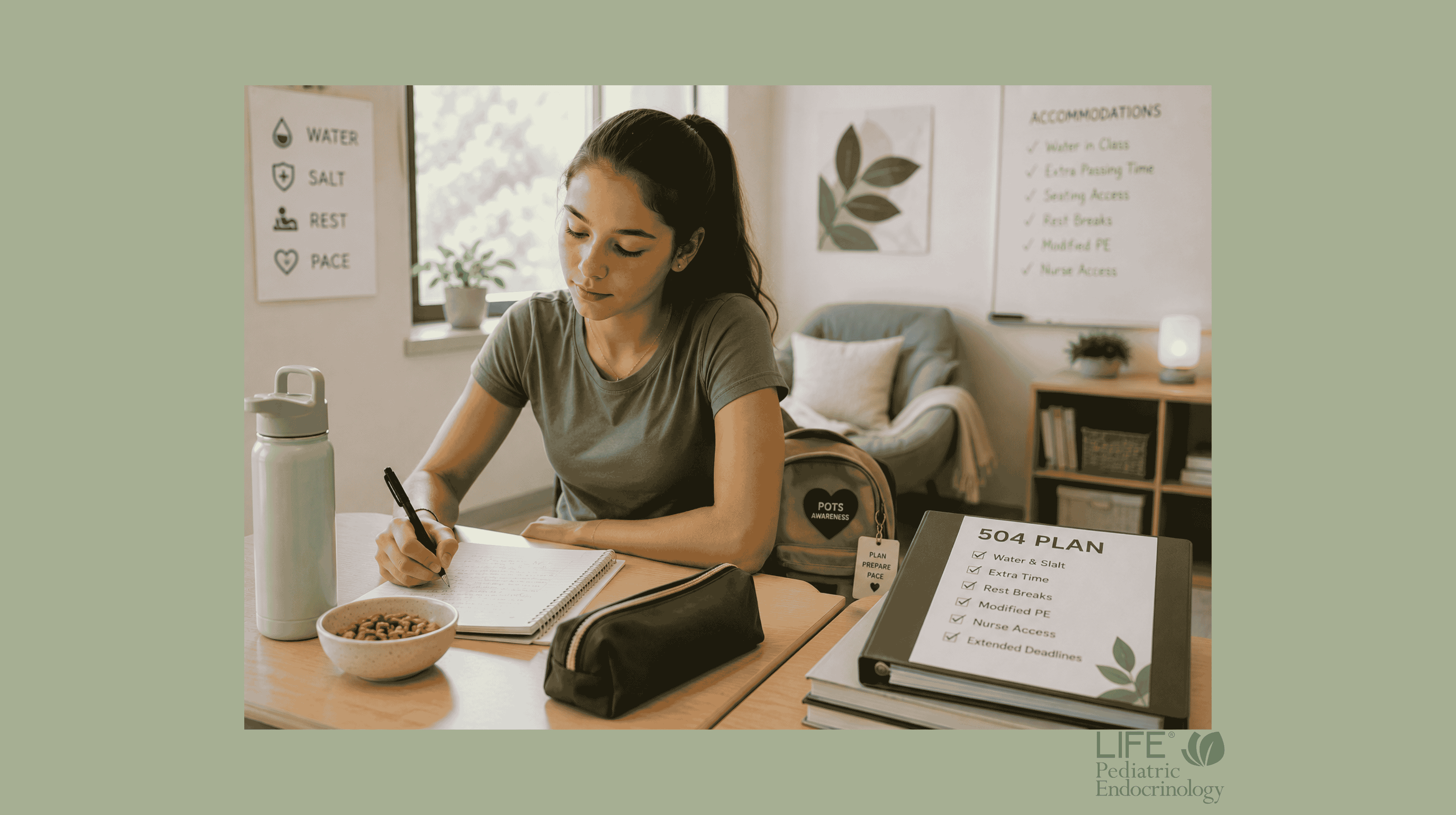 Teen with POTS at school with a 504 plan, water, salty snacks and accommodations for managing symptoms during the school day.