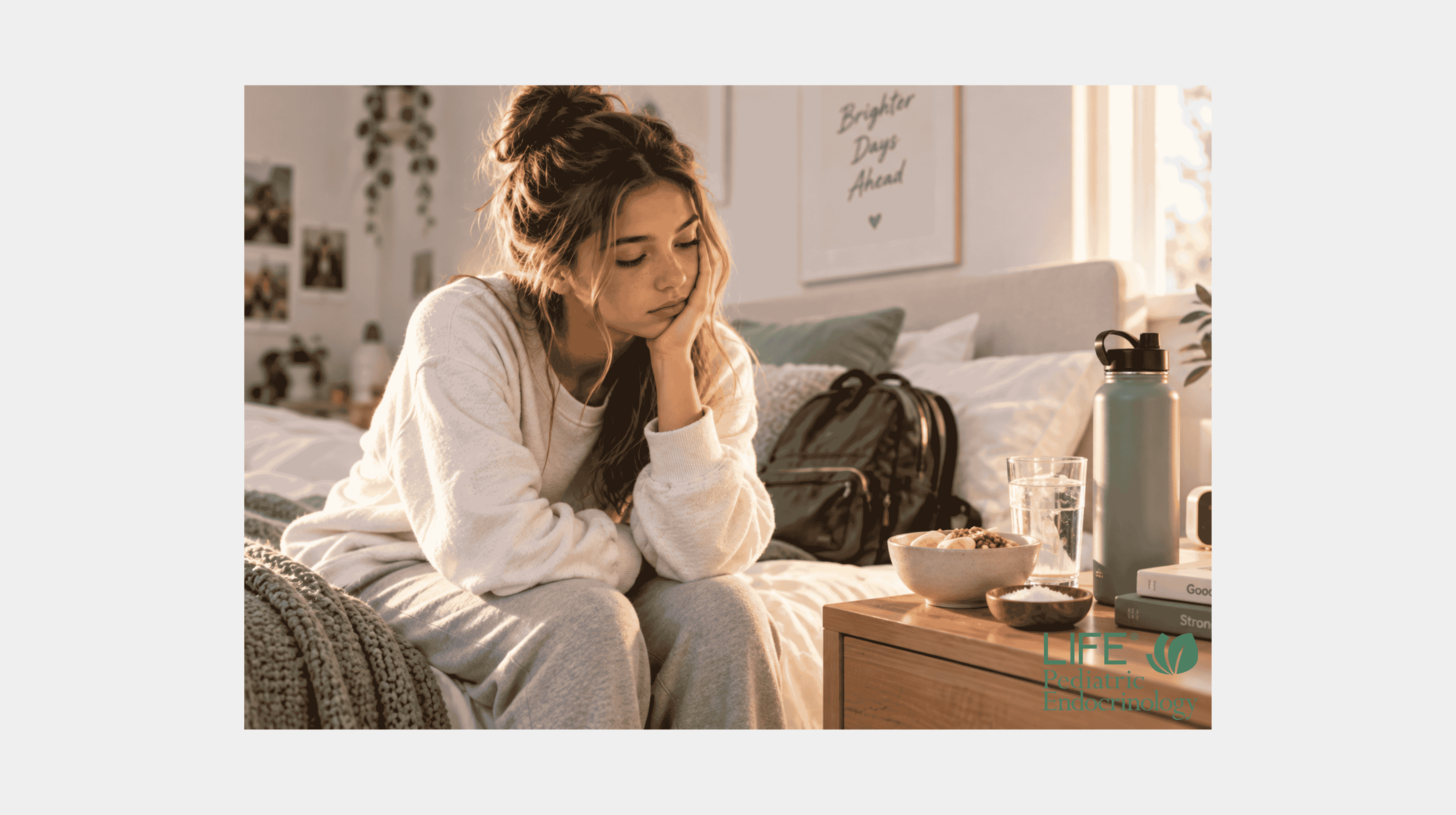 Teen with POTS struggling with morning fatigue before school, with water, salt, breakfast, and a backpack ready for the school day.