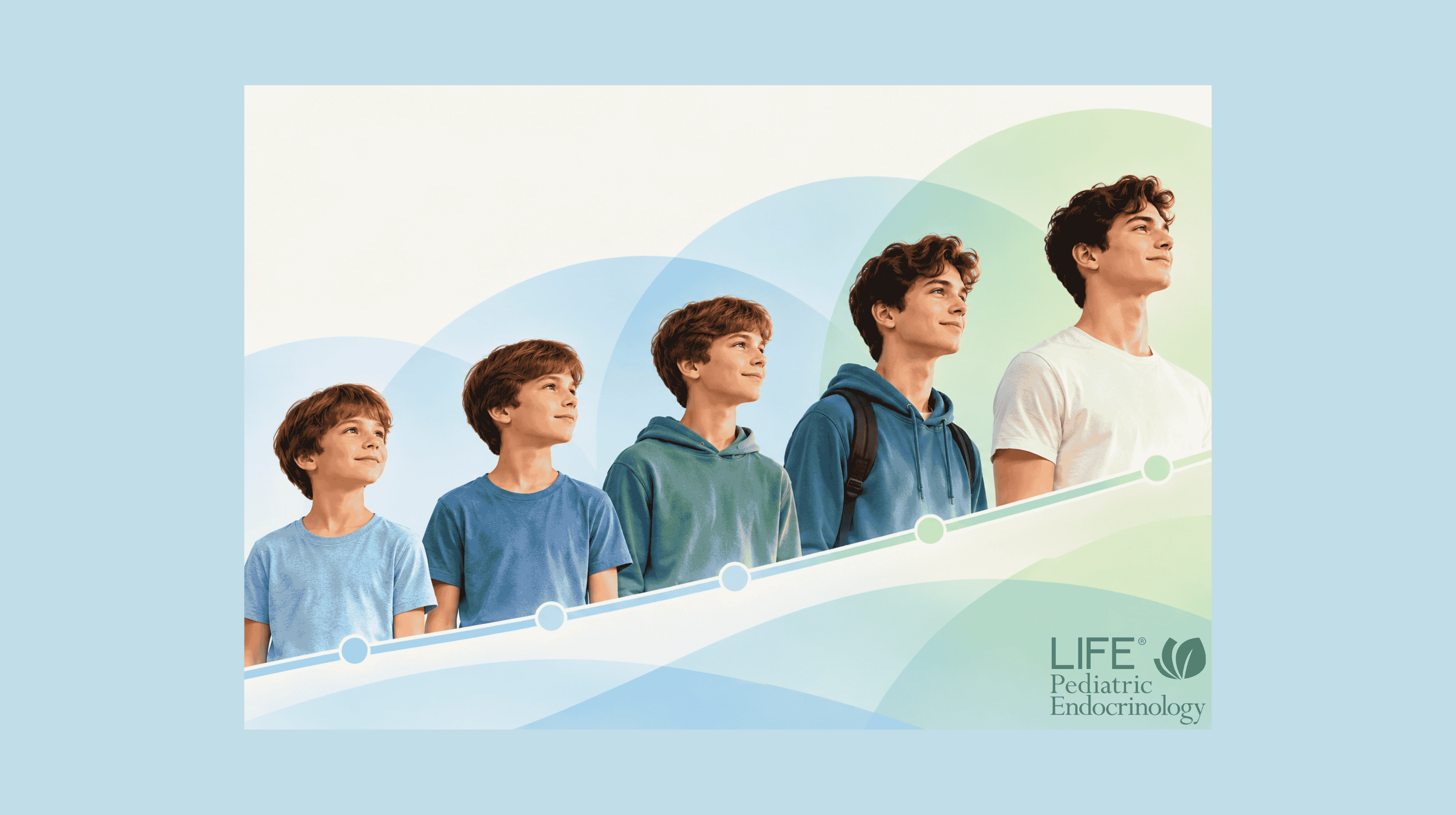 Illustration showing the stages of puberty in boys and the progression from early puberty through the adolescent growth spurt.