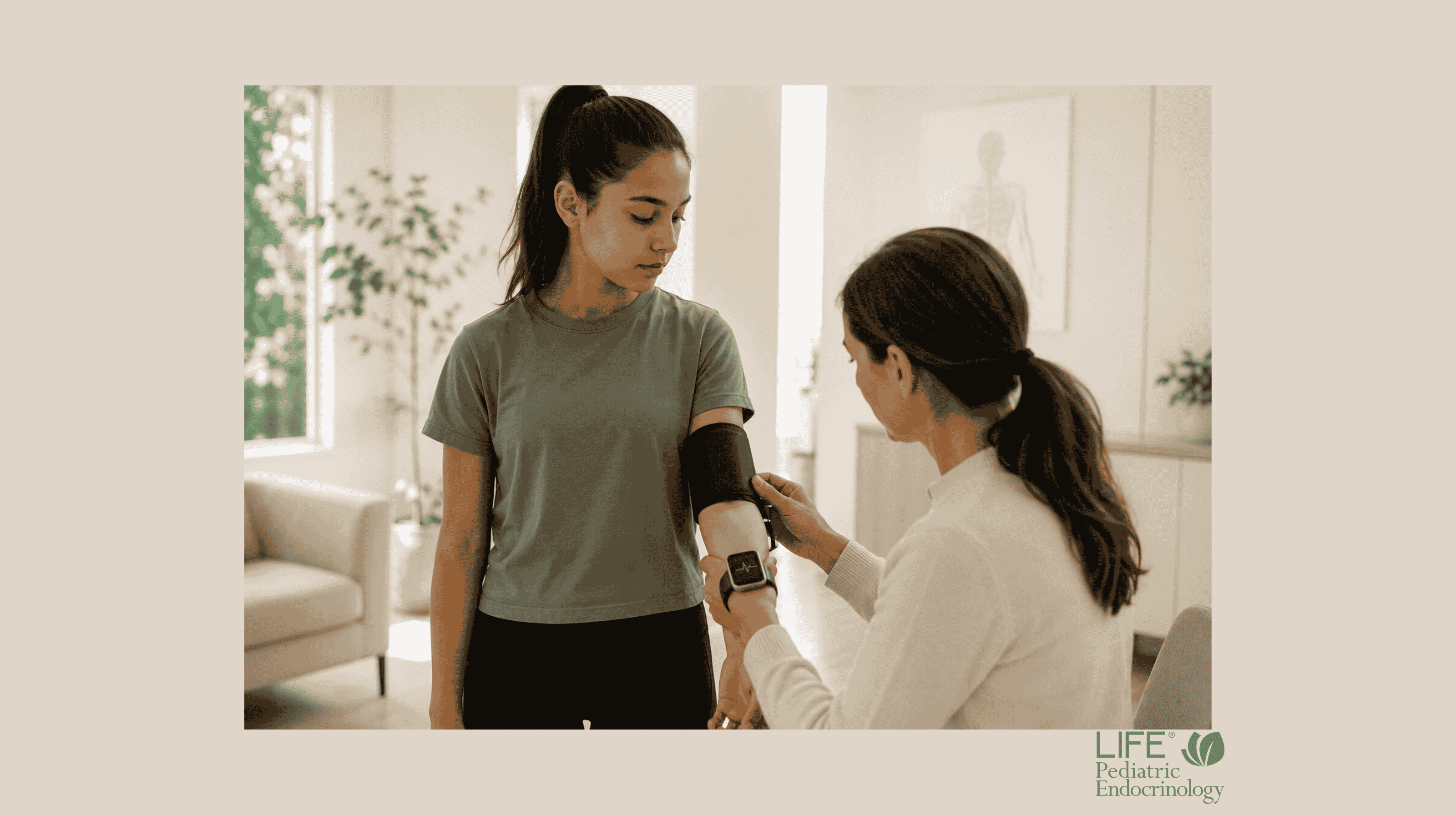 Teen having heart rate and blood pressure measured while standing to evaluate POTS symptoms versus anxiety.