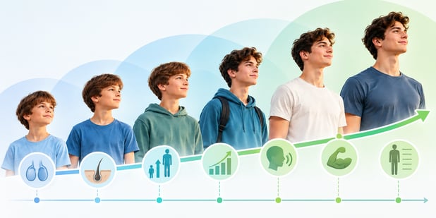 Graphic showing the typical sequence of puberty in boys, from testicular enlargement and body hair development through the growth spurt, voice changes, muscle development and slowing height growth.