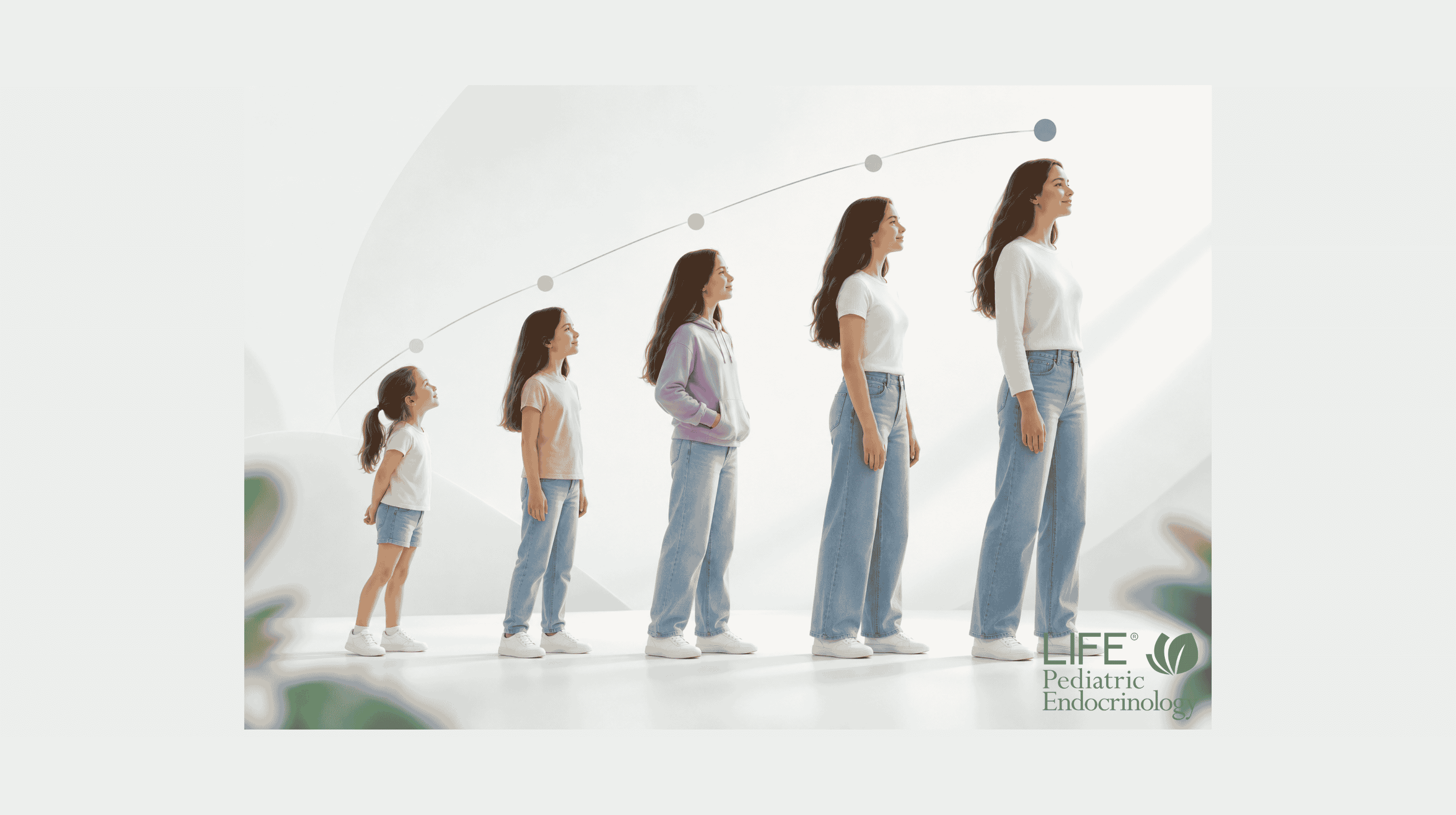 Girls progressing from childhood through adolescence, illustrating the stages of female puberty and growth explained by pediatric endocrinologist Dr. Payal Patel.