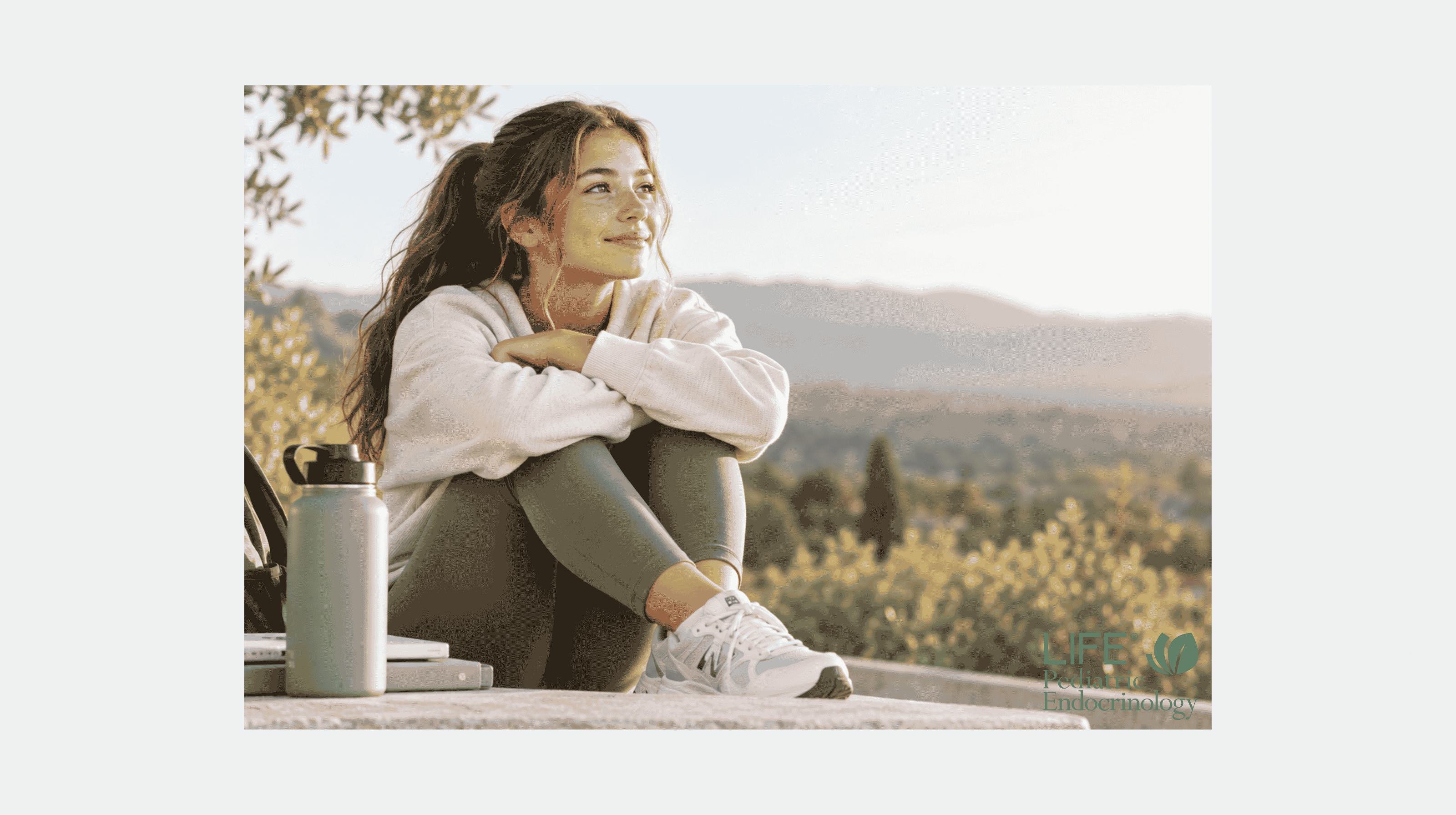 Teen with POTS resting outdoors with a water bottle and school backpack while managing POTS symptoms and recovery during adolescence.