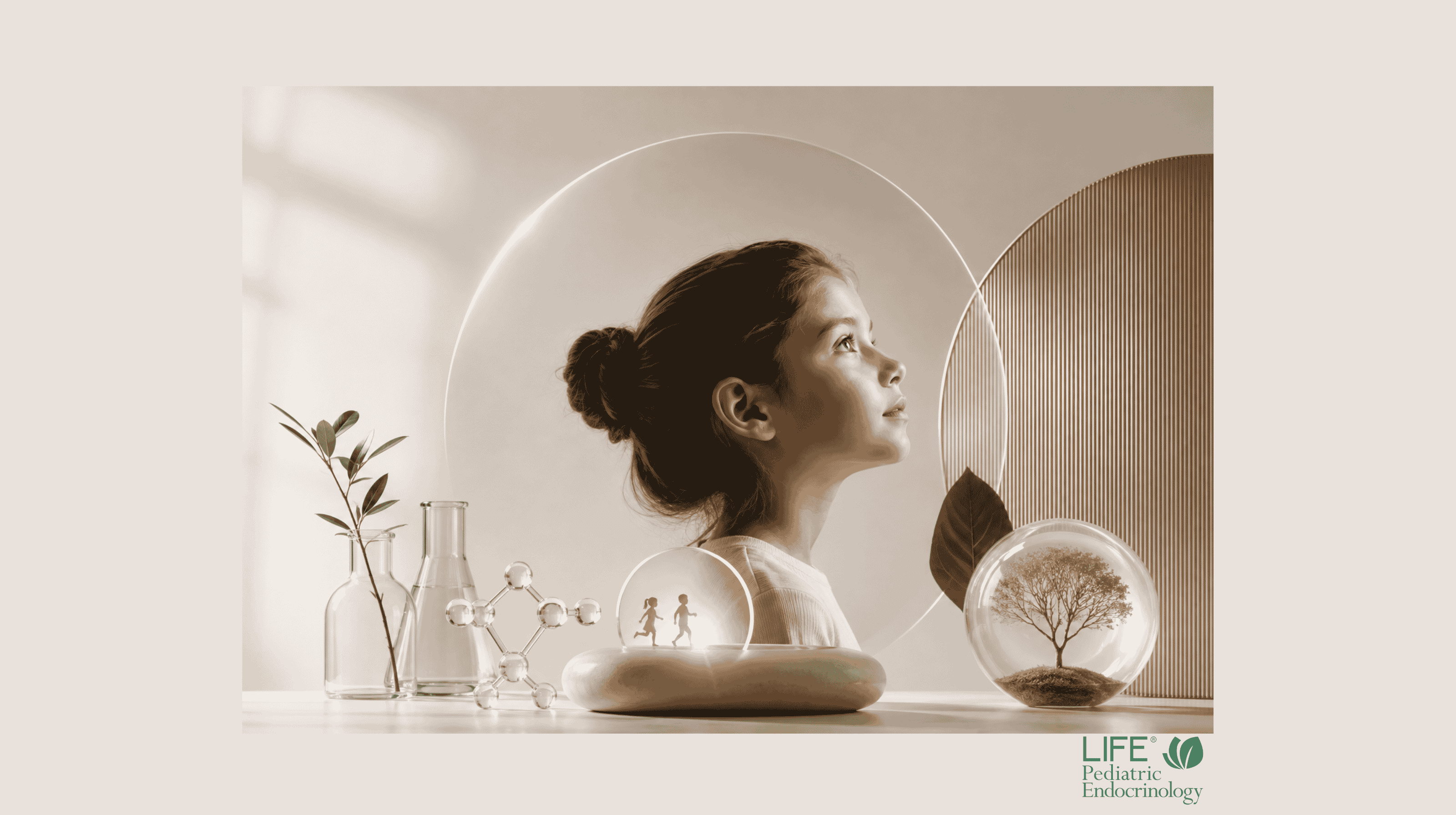 Minimalist editorial illustration of a child surrounded by everyday environmental products symbolizing xenoestrogens, endocrine-disrupting chemicals that may interact with estrogen receptors involved in growth, puberty, bone maturation, and hormone signaling.